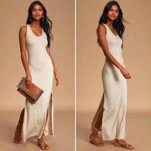 Lulus Relaxed But Not Least Beige Ribbed Sleeveless Side Slit Maxi Dress